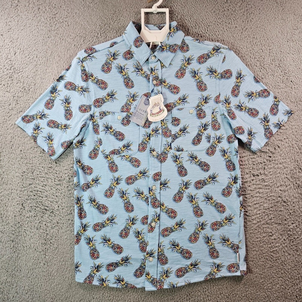 $55 NWT ROWM Shirt Men Small Button Up Short Sleeve Pineapple Print Blue Stretch